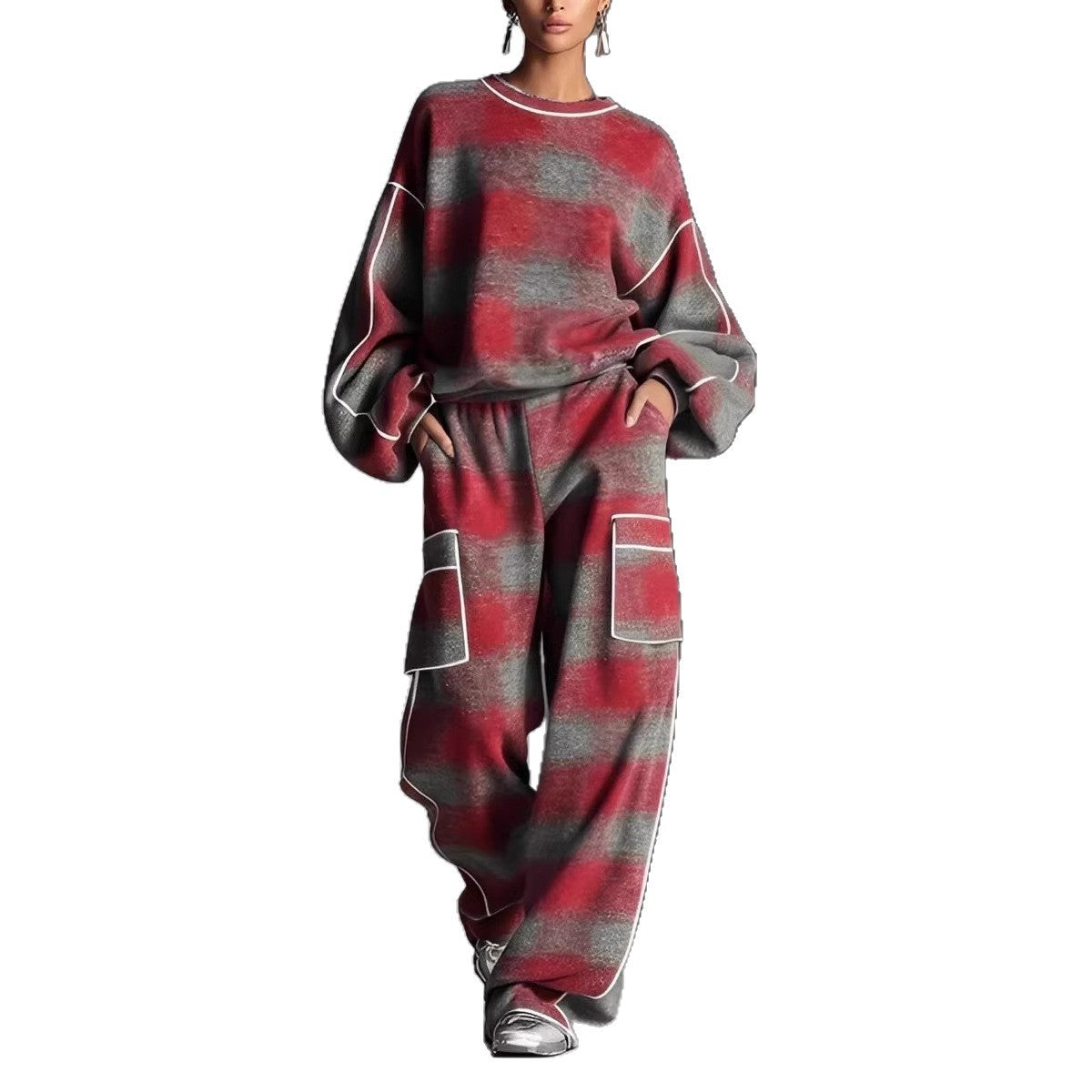 Women's Plaid Piping Oversized Sweatshirt & Pants Set