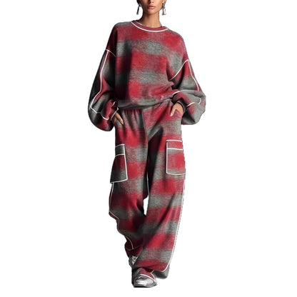 Women's Plaid Piping Oversized Sweatshirt & Pants Set