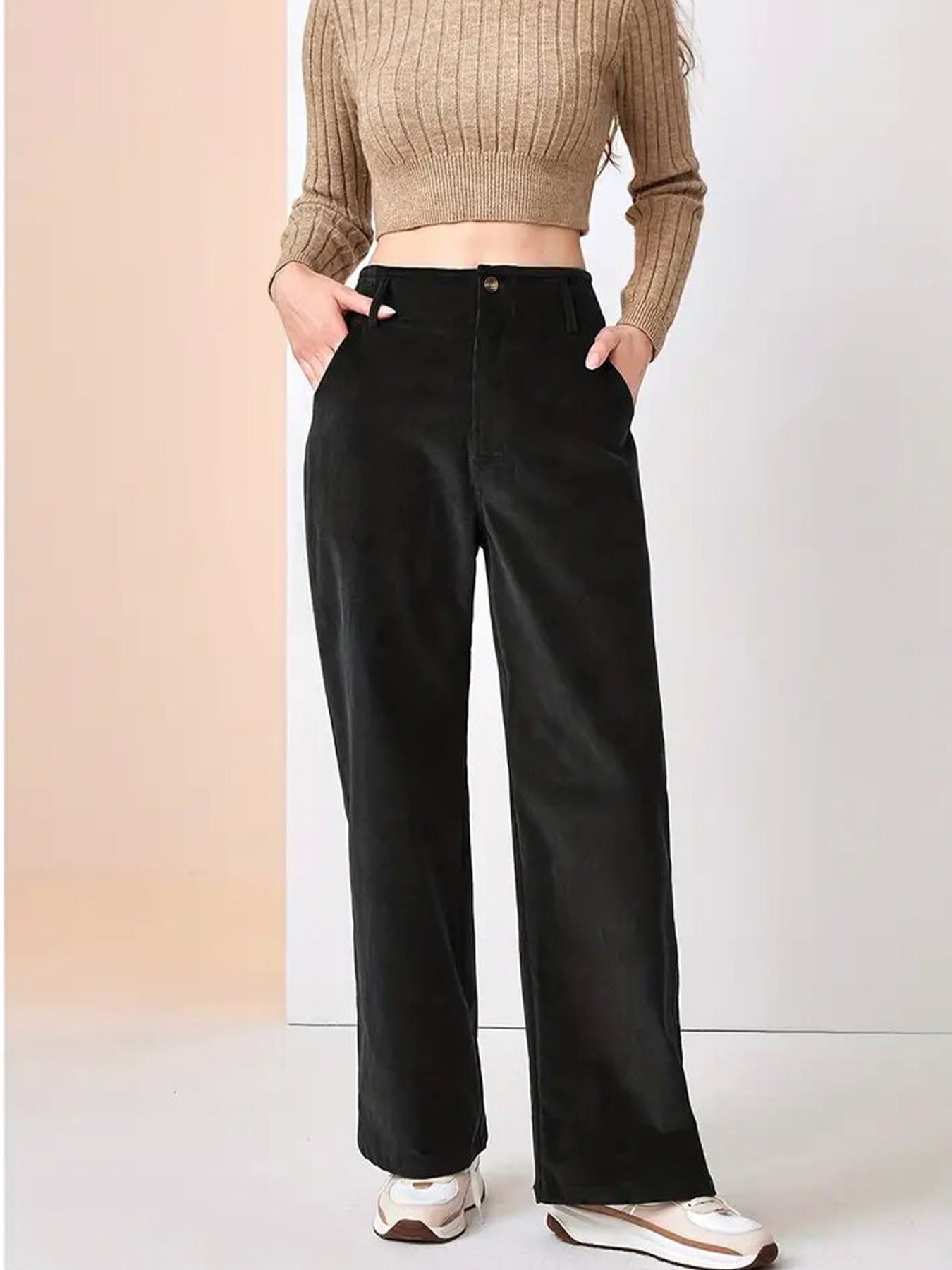 High Waist Corduroy Wide Leg Pants with Pockets