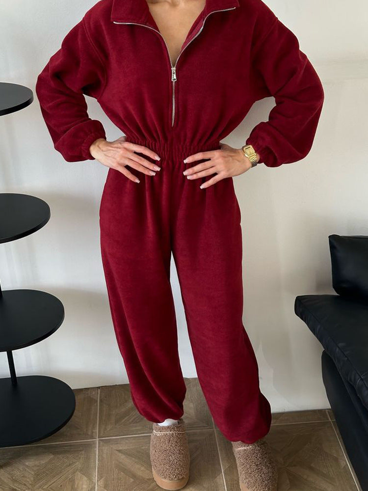 Zip Up Fleece Jumpsuit with Elastic Waist