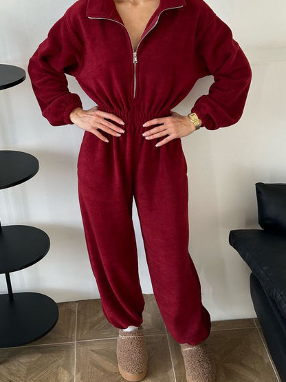 Zip Up Fleece Jumpsuit with Elastic Waist