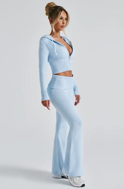 Women's 2 Piece Knit Hoodie Crop Top Pants Set