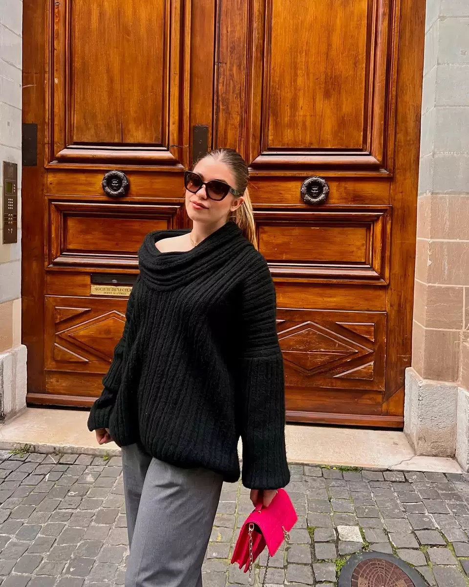 Womens Off Shoulder Bell Sleeve Sweater Oversized Knit Top