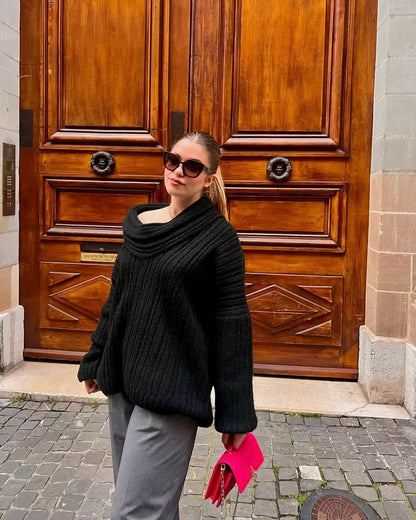 Womens Off Shoulder Bell Sleeve Sweater Oversized Knit Top