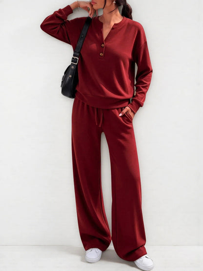 Women's 2 Piece Lounge Set Henley Wide Leg Pants