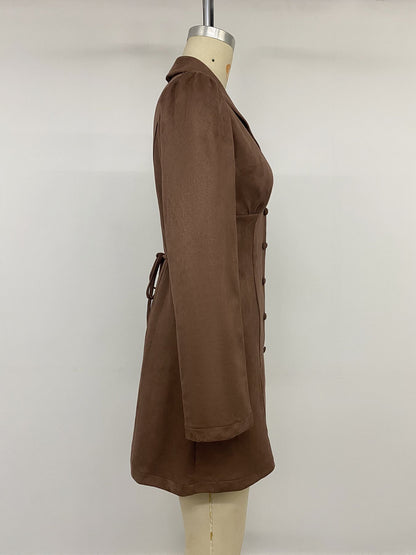 Women Suede Blazer Mini Dress Button Front Long Sleeve