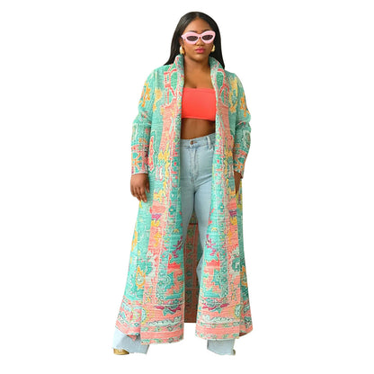Plus Size Pleated Geometric Maxi Duster Coat