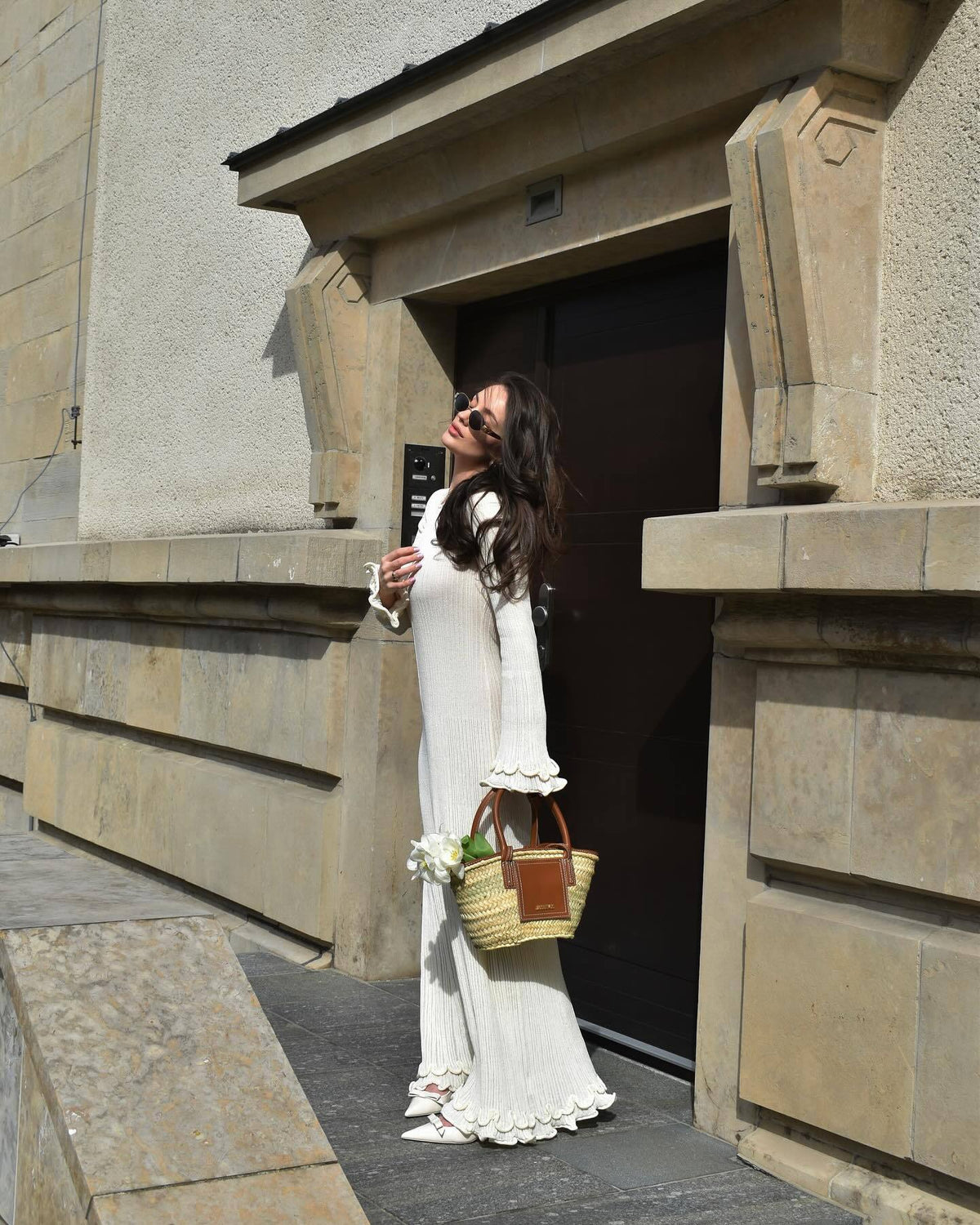 Ribbed Maxi Dress Long Sleeve Tie Back Ruffle Hem