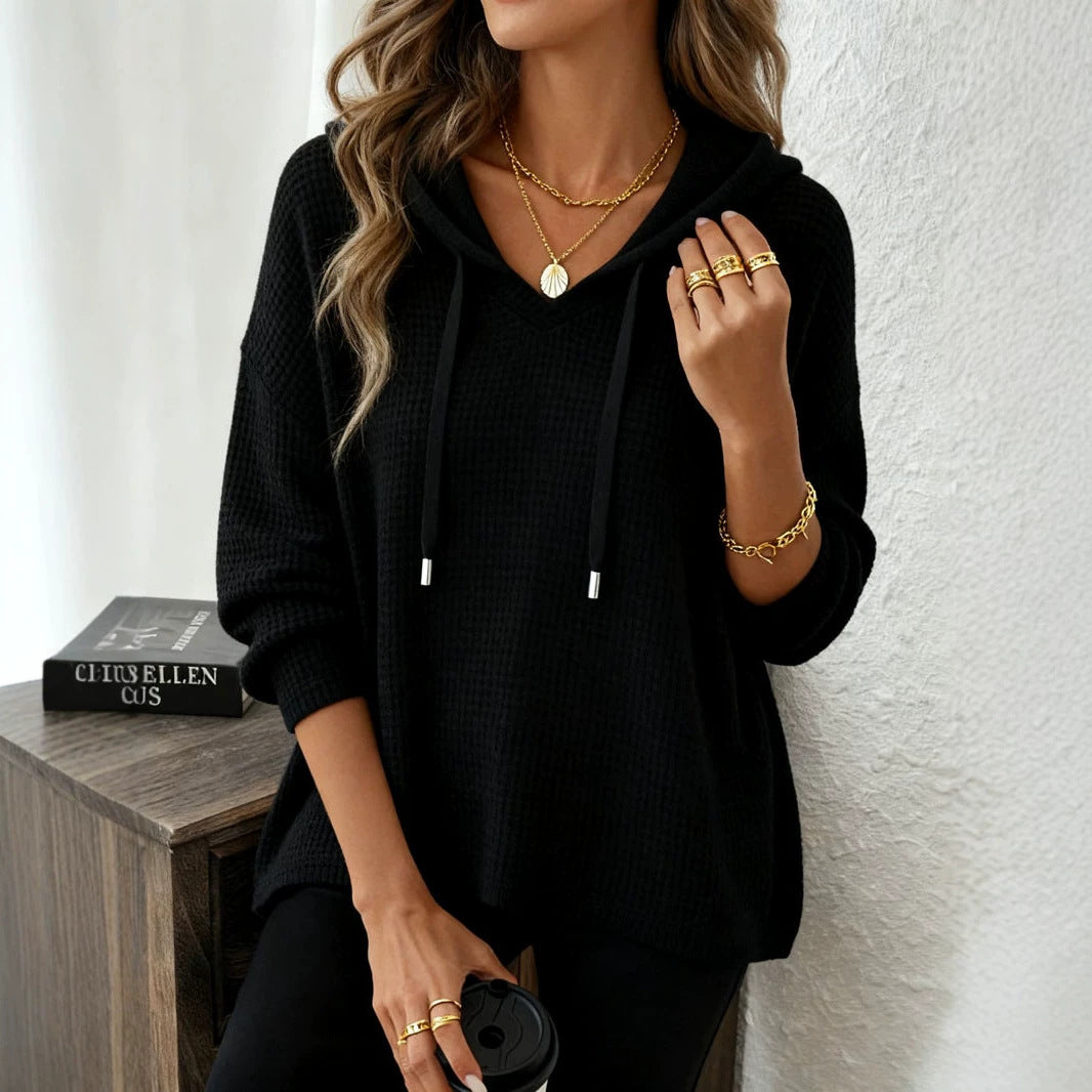 Women's Oversized Waffle Knit Hoodie Pullover Long Sleeve