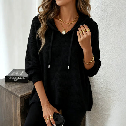 Women's Oversized Waffle Knit Hoodie Pullover Long Sleeve