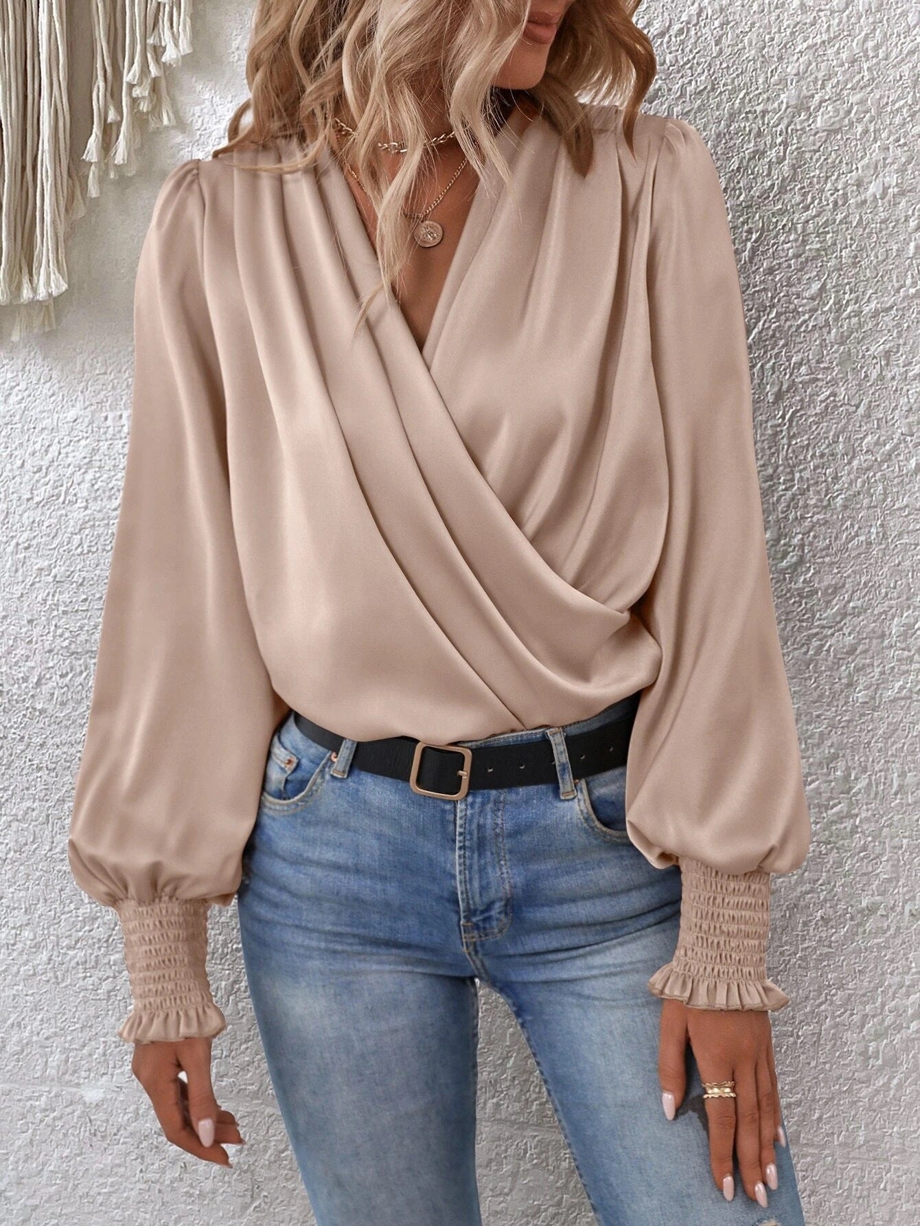 Women's Draped V-Neck Balloon Sleeve Smocked Cuff Blouse
