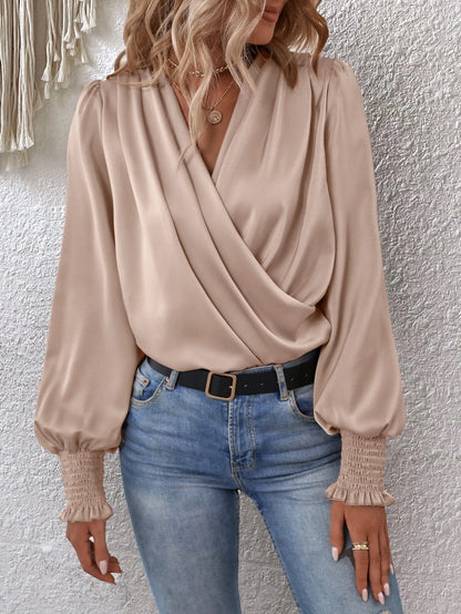 Women's Draped V-Neck Balloon Sleeve Smocked Cuff Blouse