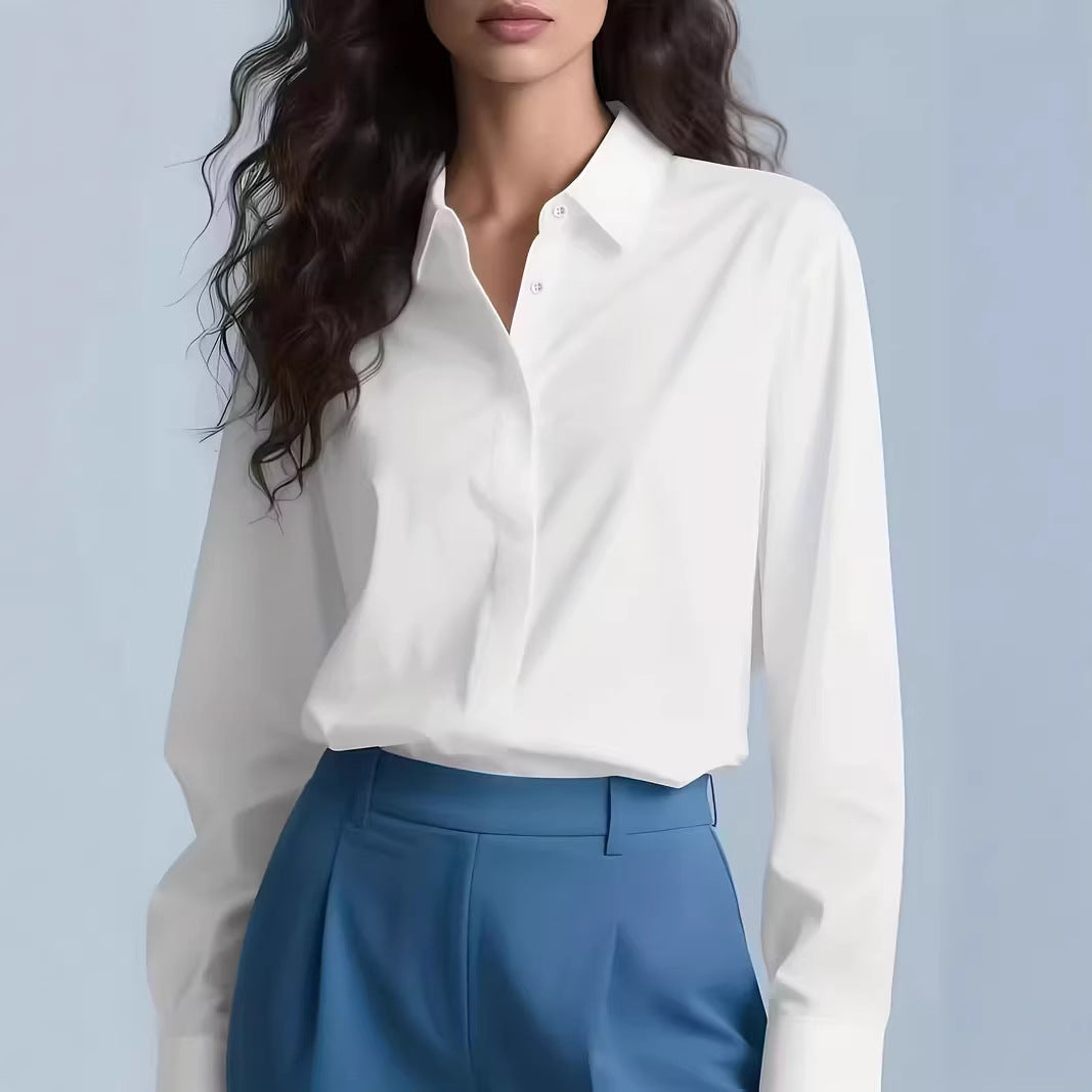Women's Collared Work Blouse Long Sleeve Hidden Button