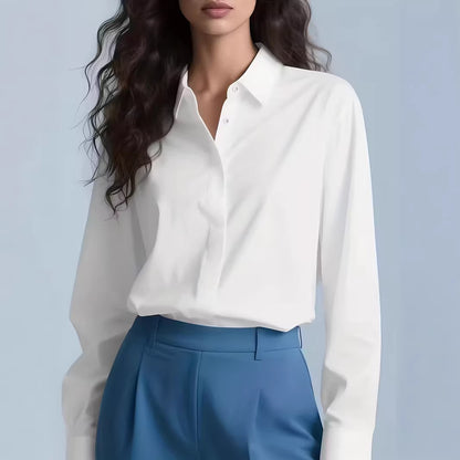 Women's Collared Work Blouse Long Sleeve Hidden Button
