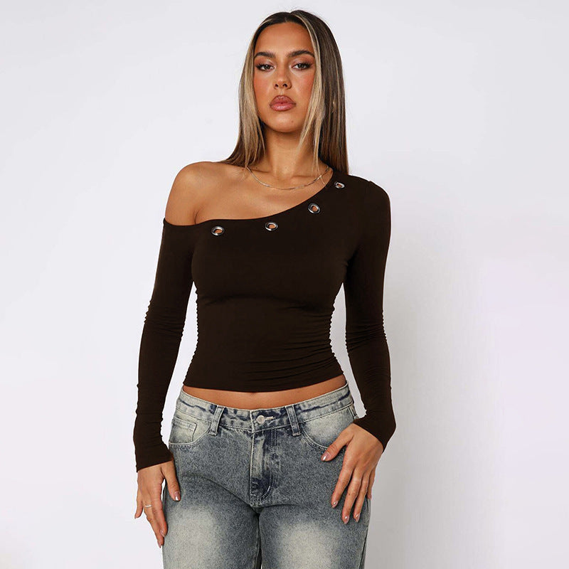 Sexy One Shoulder Grommet Crop Top Long Sleeve