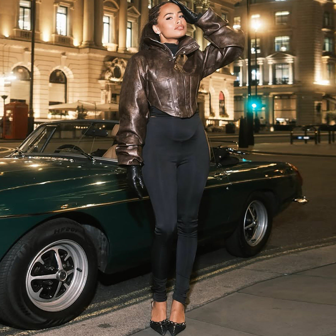 Womens Faux Leather Corset Jacket Cropped Moto Zip Up