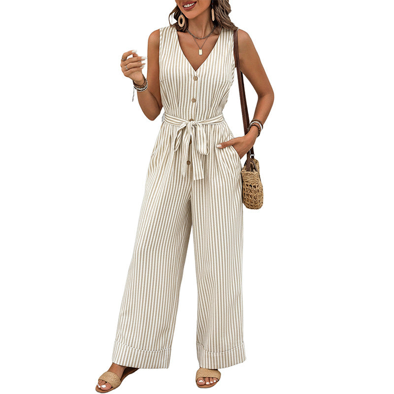 Striped Linen Blend Jumpsuit Sleeveless Wide Leg Romper