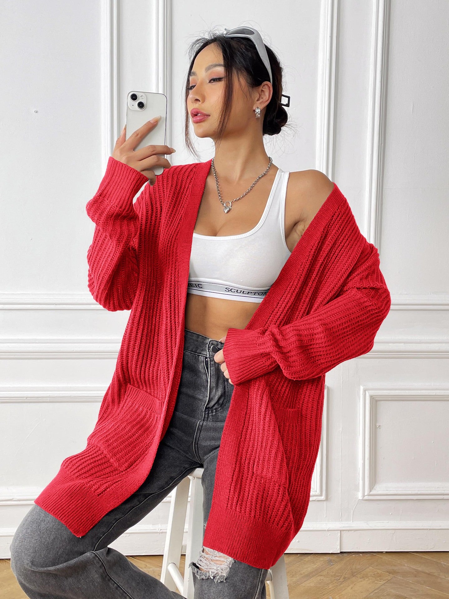 Autumn and Winter Women's Long-sleeved Double-pocket Casual Cardigan Jacket