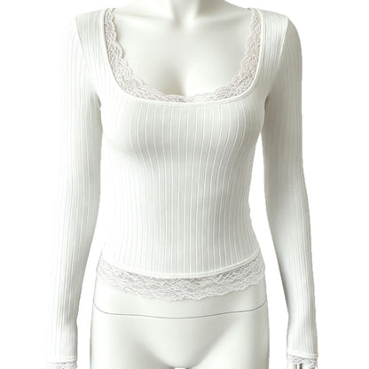 Ribbed Lace Trim Scoop Neck Long Sleeve Fitted Top