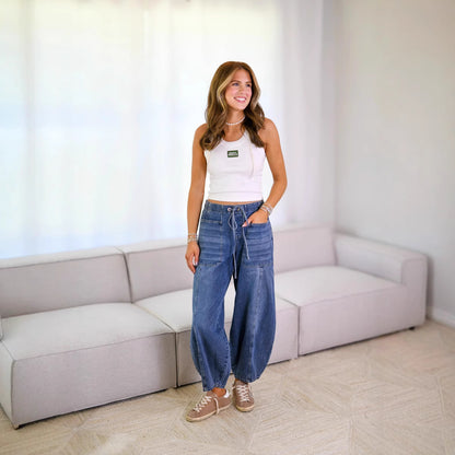 Women's Barrel Cargo Jeans Drawstring Vintage Wash