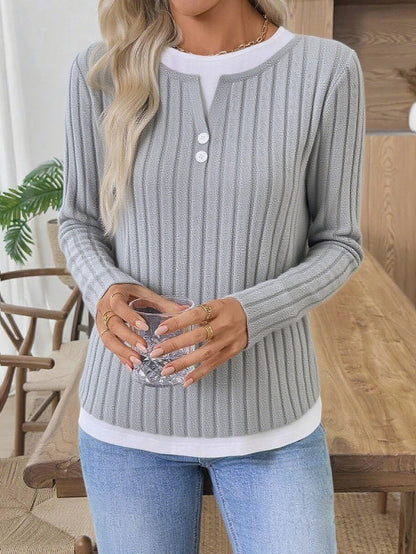 Ribbed Faux Layered Henley Long Sleeve Casual Top