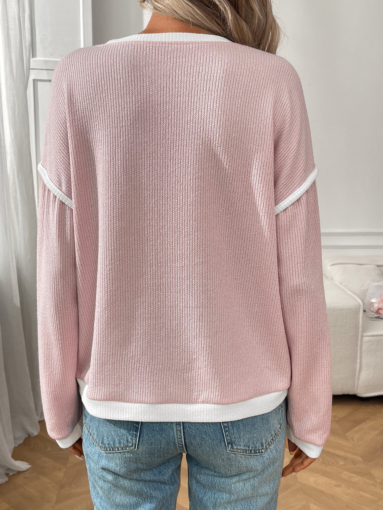 Women's Contrast Trim Waffle Knit Long Sleeve Pullover