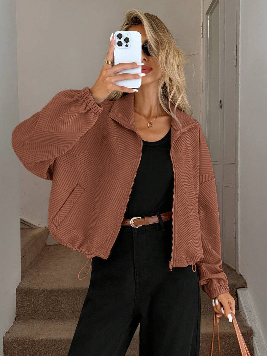 Textured Zip Up Bomber Jacket Drawstring Hem Casual Coat