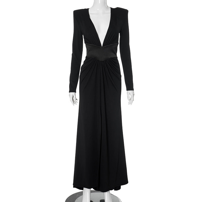 Black Sexy Deep V Long Sleeve High Slit Maxi Dress