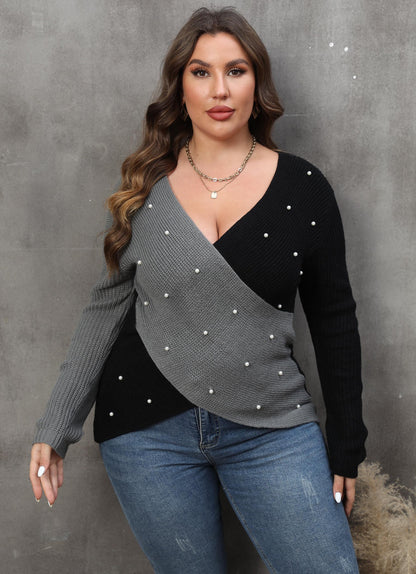 Women's Splicing Sexy Deep V Beaded Sweater Long Sleeve