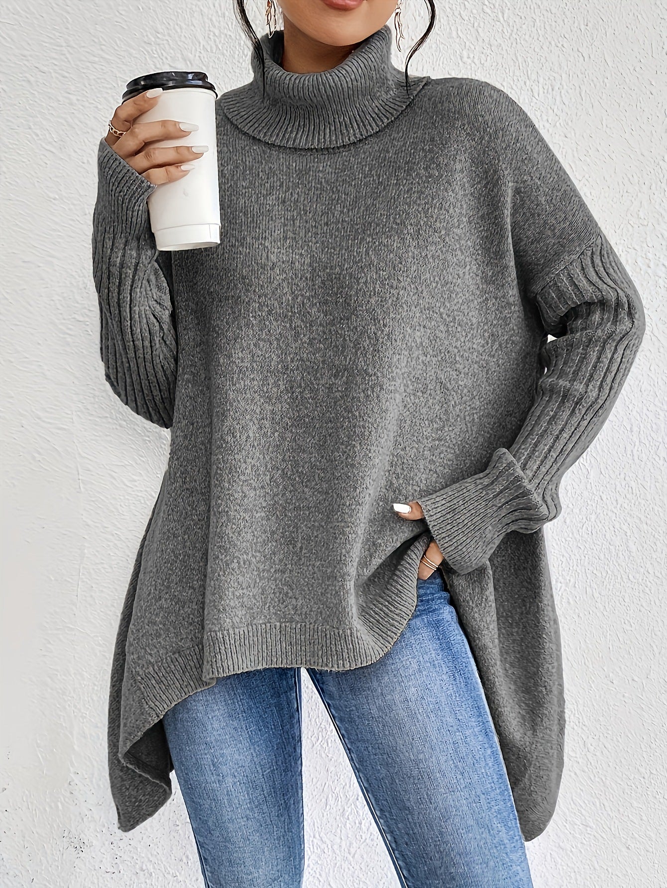 Oversized Turtleneck Sweater Chunky Knit Drop Shoulder