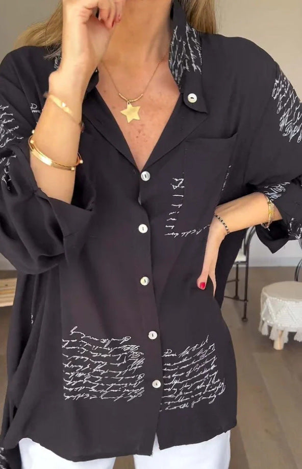 Women's Loose V Neck Letter Print Button Down Shirt