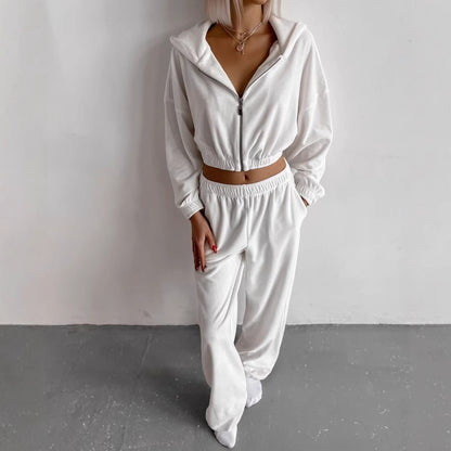 Womens Velvet 2 Piece Set Zip Hoodie Wide Leg Pants