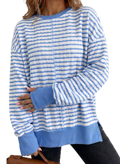 Women's Oversized Striped Crewneck Sweatshirt Side Slit