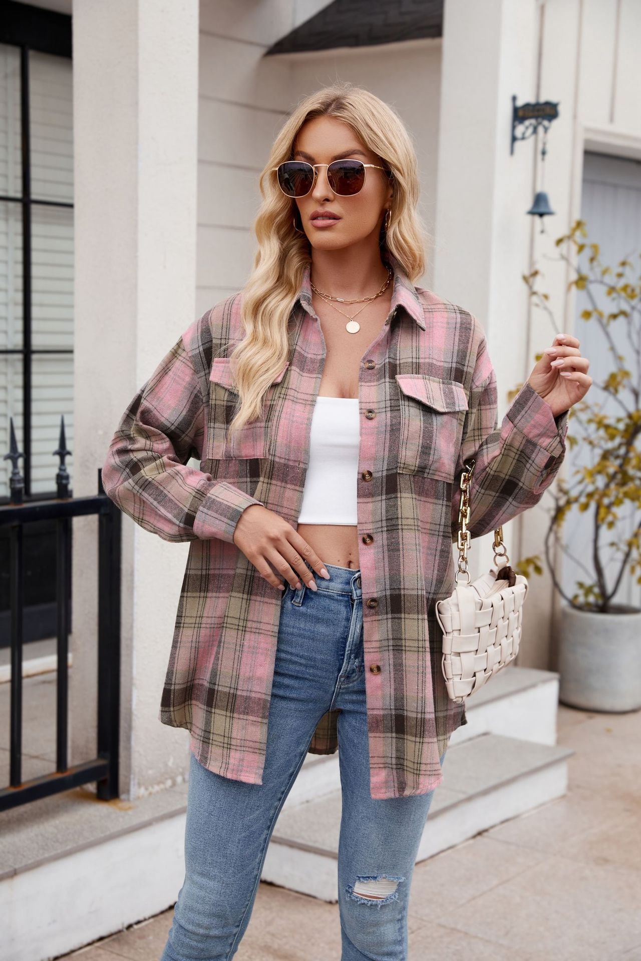 Women’s Casual Plaid Shirt with Pockets Loose Fit Fashion Top