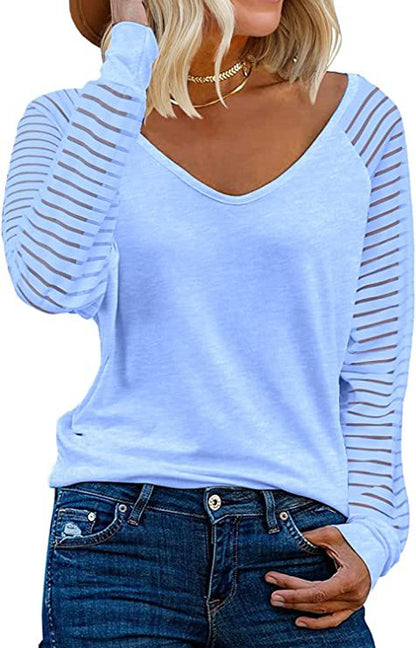 Striped Sleeve V Neck Cotton Long Sleeve Top