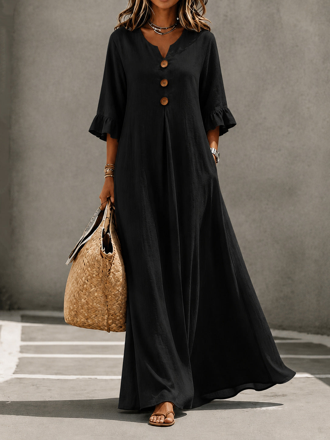 Women's V-Neck Boho Maxi Dress Ruffle Sleeve with Pockets