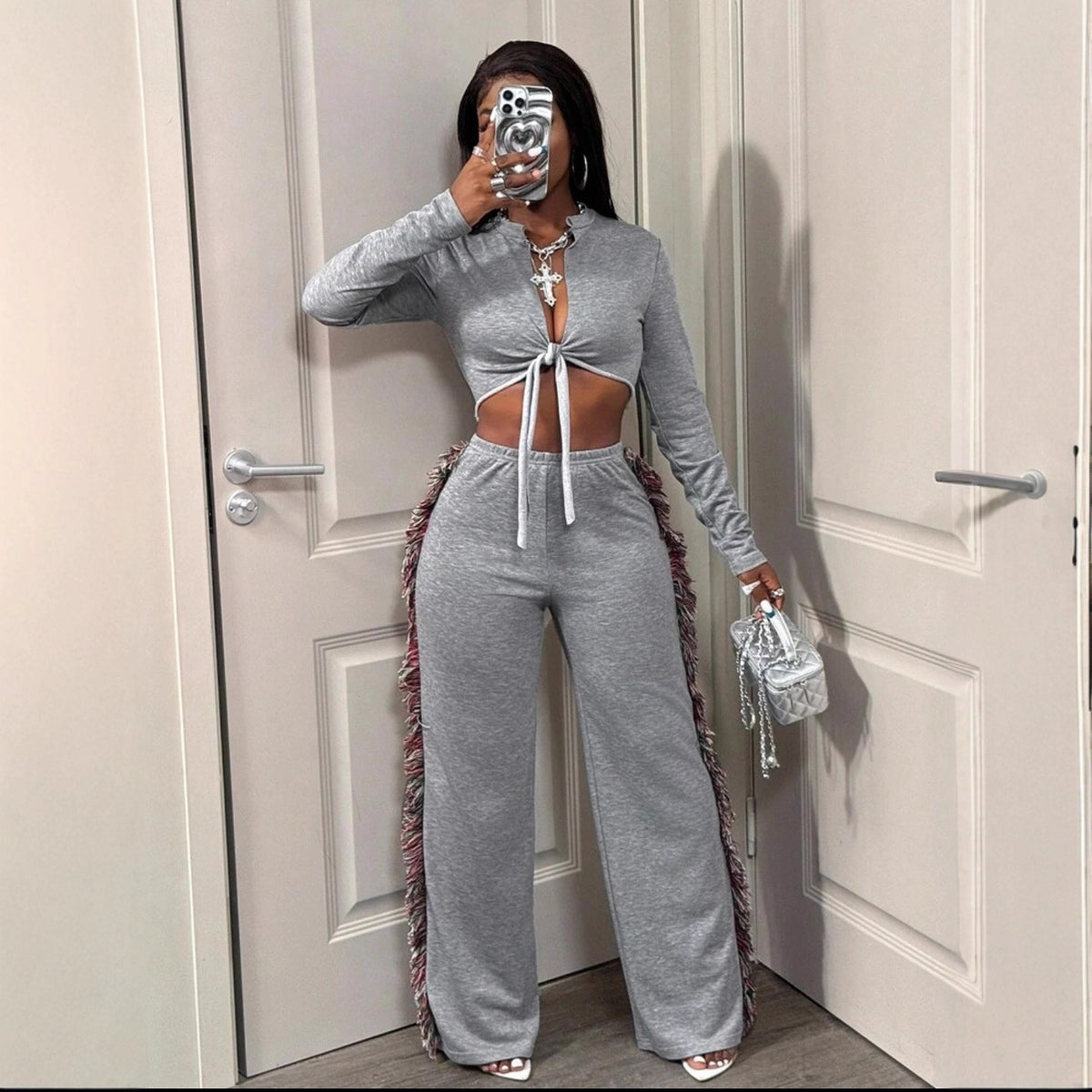 Sexy Tie Front Crop Top Fringe Wide Leg Pants Matching Set