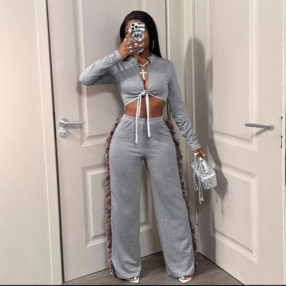 Sexy Tie Front Crop Top Fringe Wide Leg Pants Matching Set