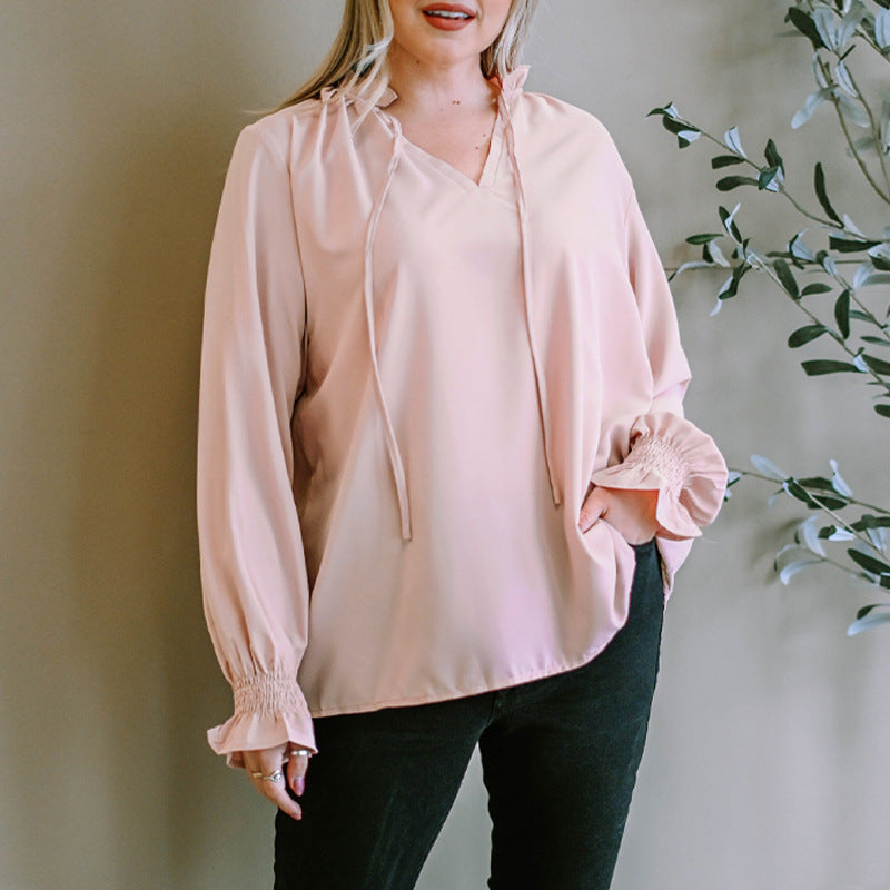 Spring and Summer New V-neck Lantern Sleeve Simple Loose Cover Tummy Blouse