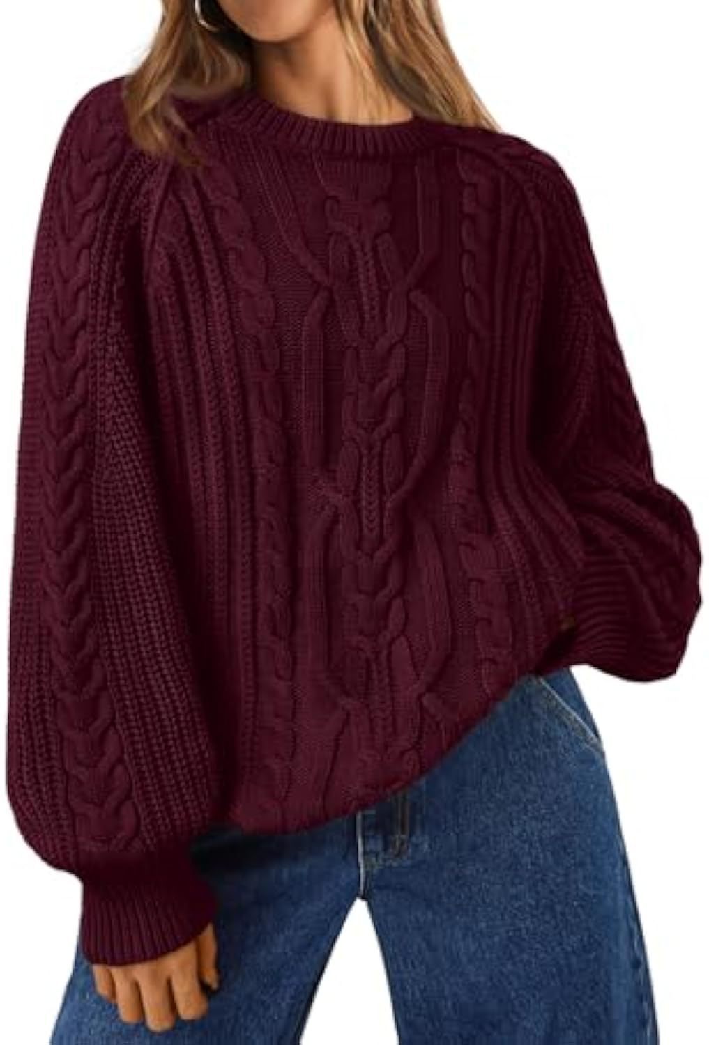 Women's Oversized Cable Knit Crew Neck Pullover Sweater