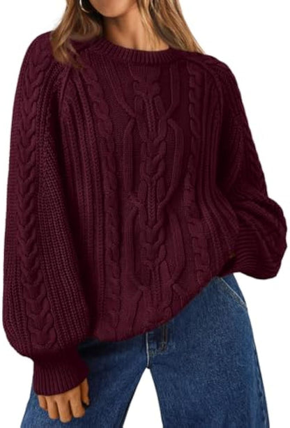 Women's Oversized Cable Knit Crew Neck Pullover Sweater