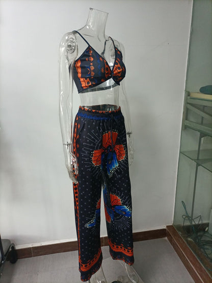 Boho Butterfly Print Crop Top Wide Leg Pants Set