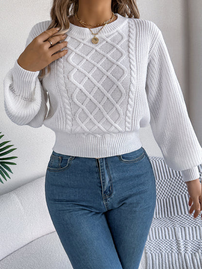 Women's Cable Knit Lantern Sleeve Cropped Sweater