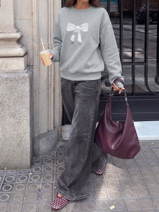 Bow Graphic Sweatshirt Crew Neck Oversized Pullover