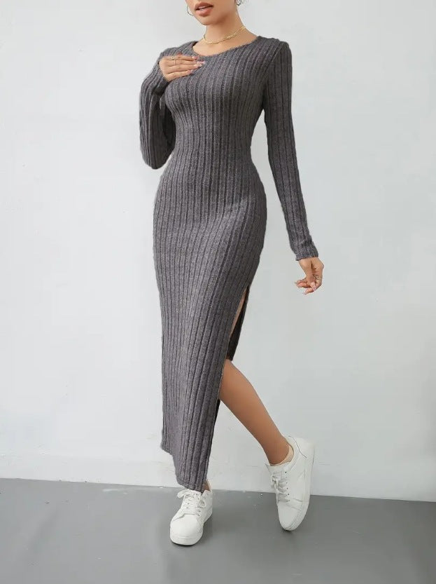 Ribbed Knit Long Sleeve Bodycon Slit Maxi Dress