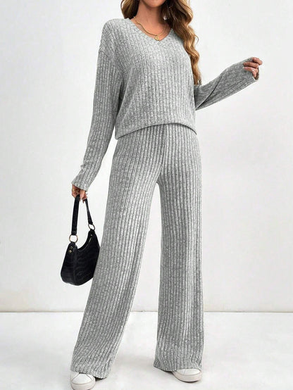 Women's Ribbed Two Piece Lounge Set Wide Leg Pants