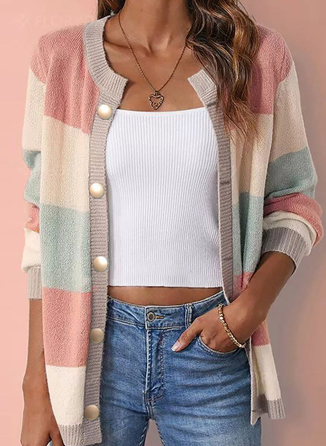 Women's Color Block Cardigan Button Front Knit Long Sleeve