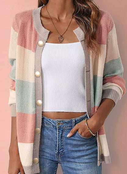 Women's Color Block Cardigan Button Front Knit Long Sleeve
