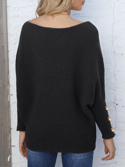 Pearl Button Decorative Bat Sleeve One-Neck Loose Sweater