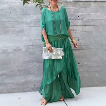 Womens Chiffon Two Piece Set Wide Leg Pants Flowy Ruffle